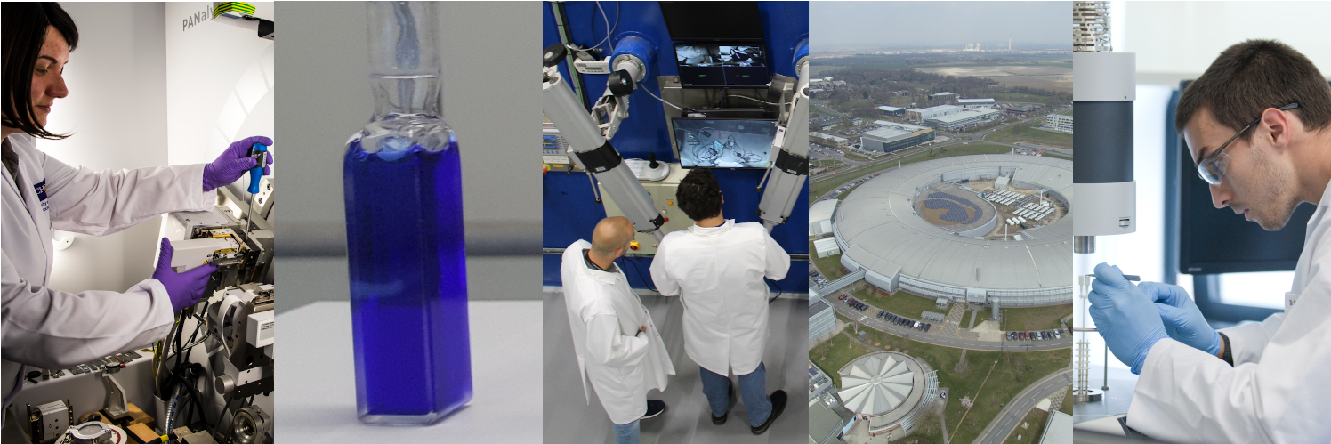 Left to right: scientist at University of Manchester Dalton Cumbrian Facility; actinide complex in solution at Centre for Radiochemistry Research; MRF hot cell wall; aerial view of Diamond Light Source; Multimodal thermal analysis in the HADES facility